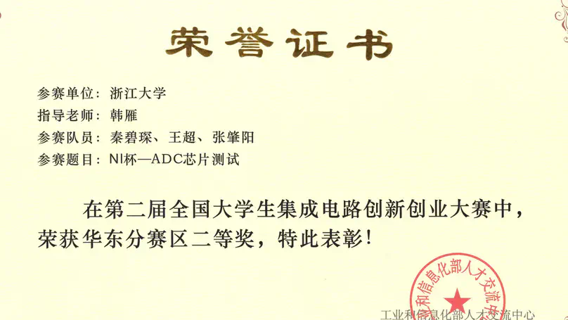 Second Prize of National College Students Integrated Circuit Innovation Competition (East-China Division)